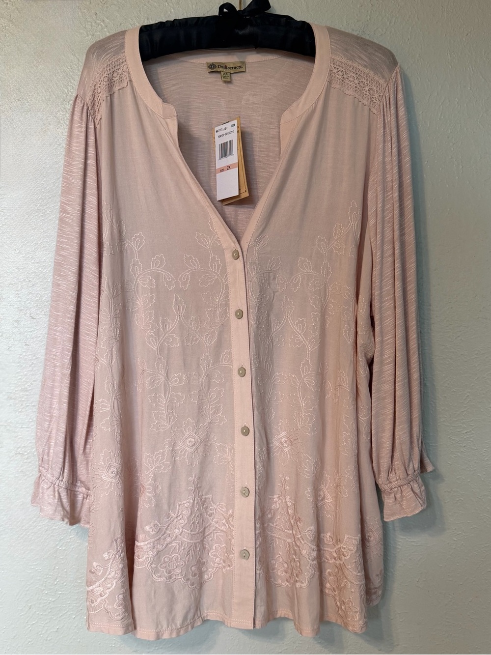 Democracy Embroidered Boho Peasant Top  Blush Pink Lace Button Front Blouse 2X